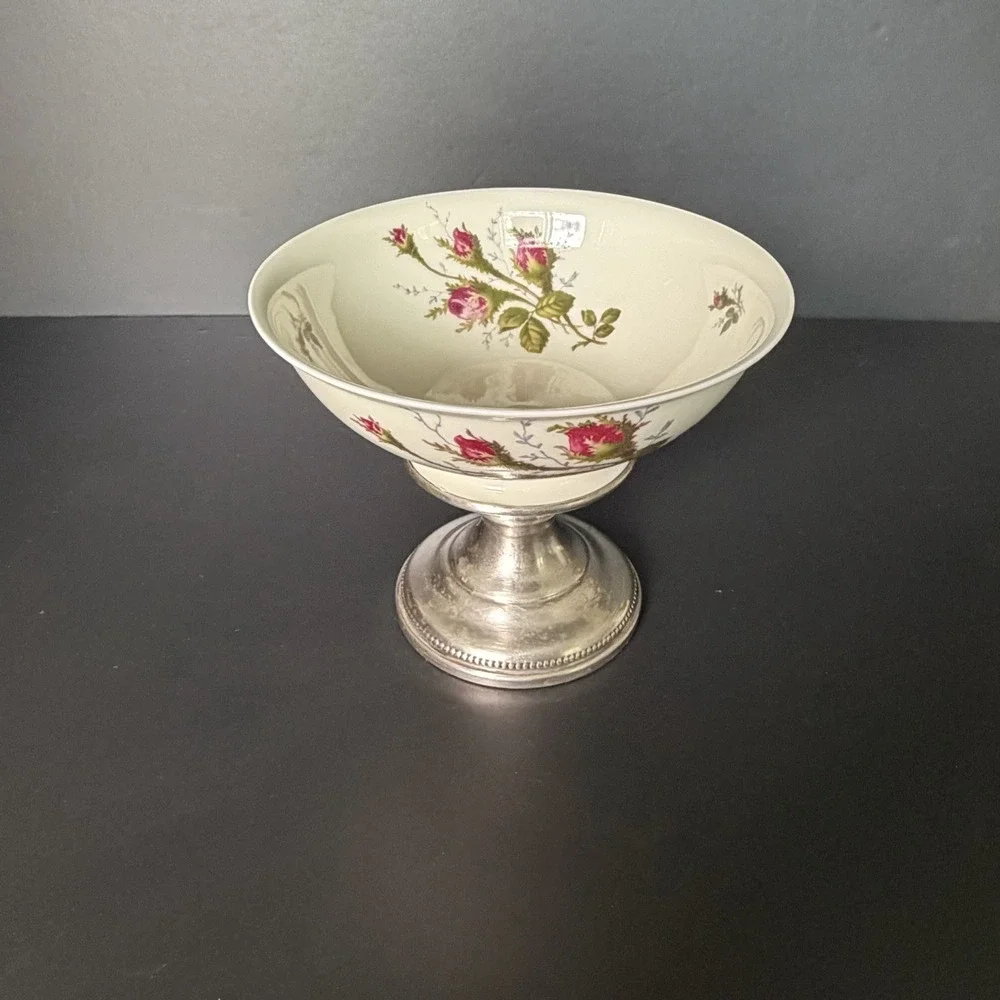 Vintage Sheffield Silver Co Porcelain Candy Pedestal Dish Moss Rose